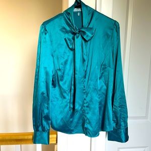 Hawes and Curtis (British brand) pussy-bow teal blouse